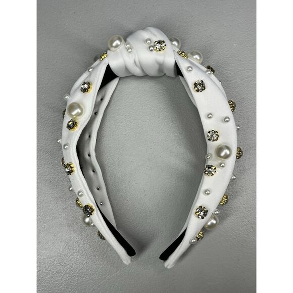 Faux Pearl and Jewel Rhinestone Headband White Knotted Formal Statement - Picture 4 of 6